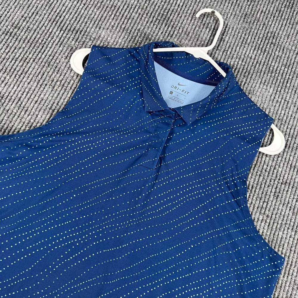 Nike Dri Fit Polo Shirt Womens Large Blue Sleeveless Striped Golf Tour Performan